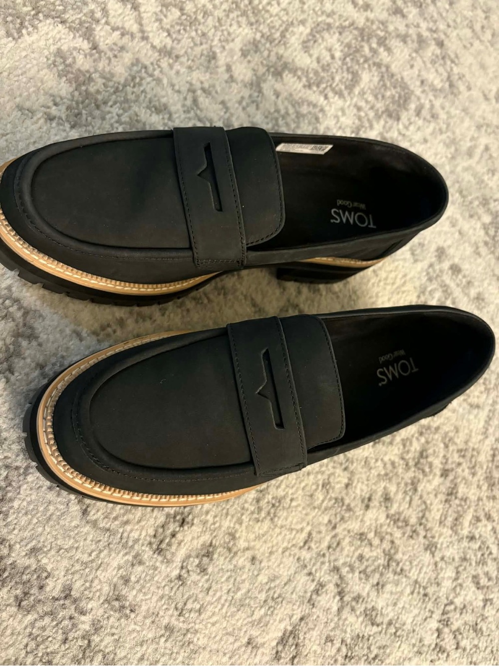 TOMS Cara Black Suede Penny Loafer Platform Lug Sole Shoes Women's Size 10 - Picture 5 of 7